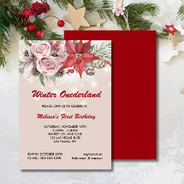 Winter onederland rosa blommigt red poinsettia inbjudningar