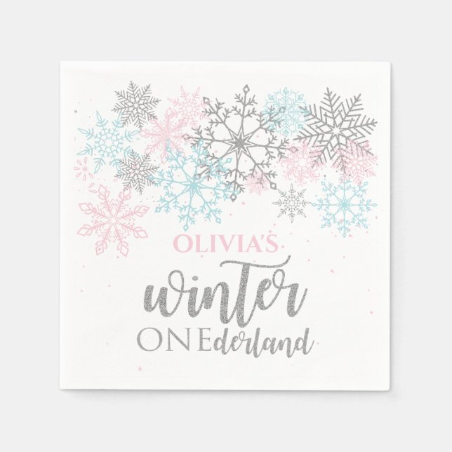 Winter Onederland Rosa blue silver glitter Pappersservett (Framsidan)