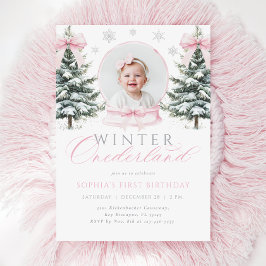Winter ONEderland Rosa Bow Första födelsedag Inbjudningar