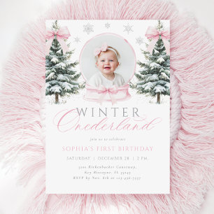 Winter ONEderland Rosa Bow Första födelsedag Inbjudningar