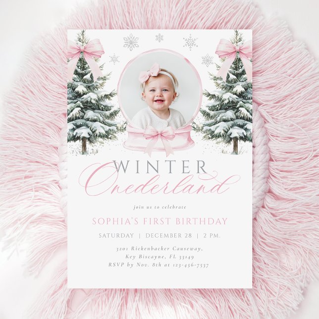 Winter ONEderland Rosa Bow Första födelsedag Inbjudningar (Skapare uppladdad)