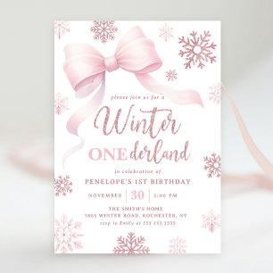 Winter Onederland Rosa Bow Snowflake 1:a födelseda Inbjudningar