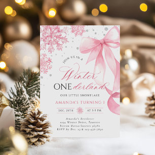 Winter Onederland Rosa Bow Snowflake Birthday Inbjudningar