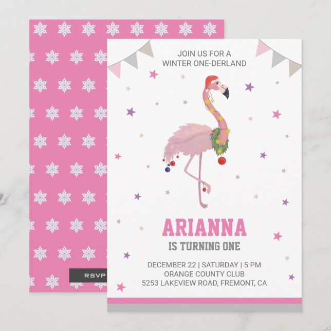 Winter ONEderland Rosa Flamingo 1st Girls Birthday Inbjudningar (Fram/baksida)