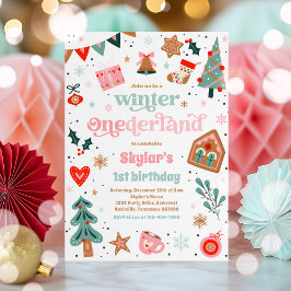 Winter ONEderland Rosa Födelsedagsfest jul Inbjudningar