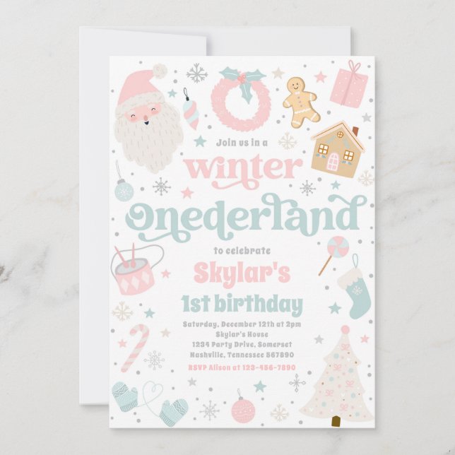 Winter ONEderland Rosa Födelsedagsfest jul Inbjudningar (Framsida)