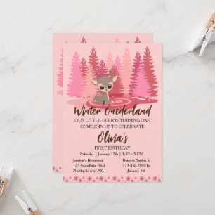 Winter Onederland Rosa Forest First Birthday Hjort Inbjudningar