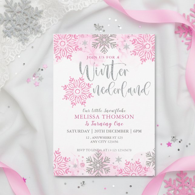 Winter Onederland Rosa Gnistra Snowflake Birthday Inbjudningar (Skapare uppladdad)