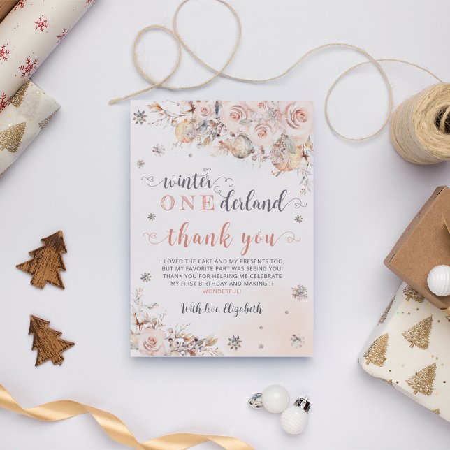 Winter Onederland Rosa Guld Birthday Tack Kort (Skapare uppladdad)