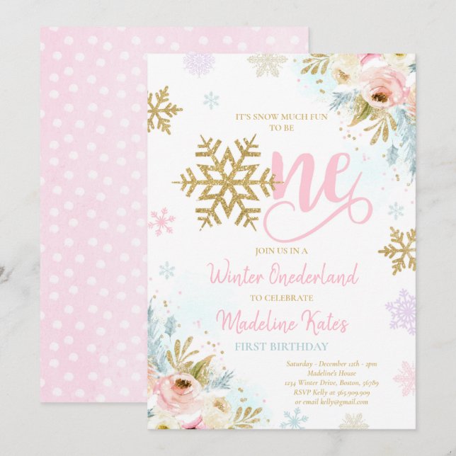 Winter ONEderland Rosa & Guld Blommigt 1:a födelse Inbjudningar (Fram/baksida)