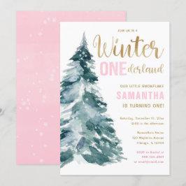 Winter Onederland rosa guld flicka Invi 1 år Inbjudningar