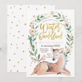 Winter ONEderland Rosa Guld Girl Girl Hjort Birthd Inbjudningar