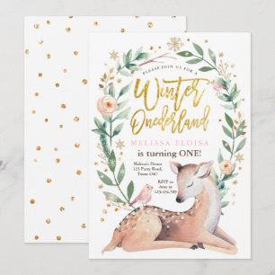 Winter ONEderland Rosa Guld Girl Girl Hjort Birthd Inbjudningar
