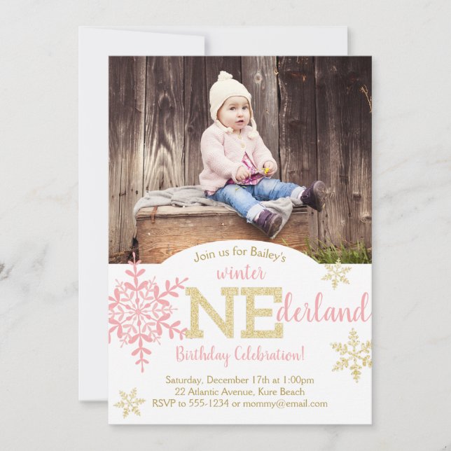 Winter ONEderland Rosa & Guld Glitter 1:a födelsed Inbjudningar (Framsida)