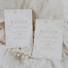 Winter Onederland Rosa Guld Glitter 1:a födelsedag Inbjudningar
