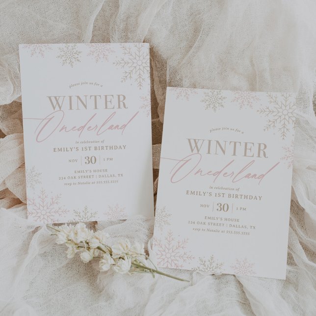 Winter Onederland Rosa Guld Glitter 1:a födelsedag Inbjudningar (Skapare uppladdad)
