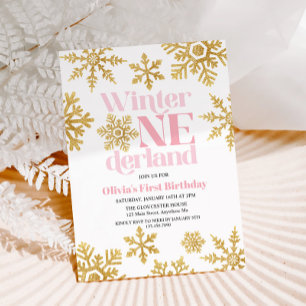 Winter Onederland Rosa Guld Snowflake 1:a födelsed Inbjudningar