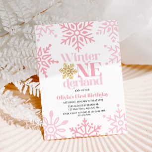 Winter Onederland Rosa Guld Snowflake 1:a födelsed Inbjudningar