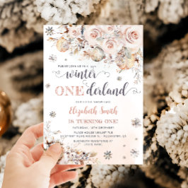 Winter ONEderland Rosa Guld Snowflake 1:a födelsed Inbjudningar