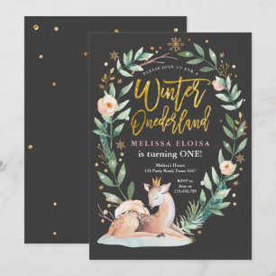 Winter ONEderland Rosa Guld Woodland Hjort Birthda Inbjudningar