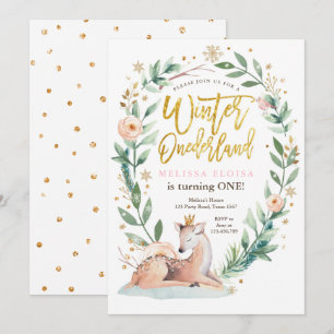 Winter ONEderland Rosa Guld Woodland Hjort Birthda Inbjudningar