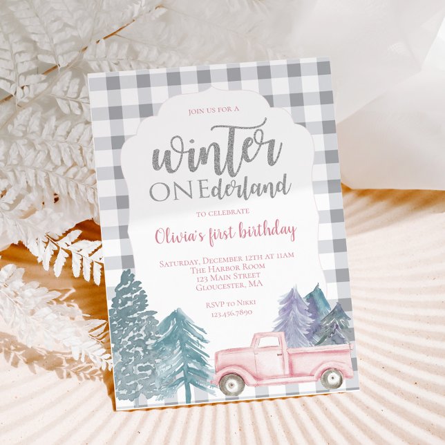 Winter Onederland rosa lastbil Invita Inbjudningar (Skapare uppladdad)
