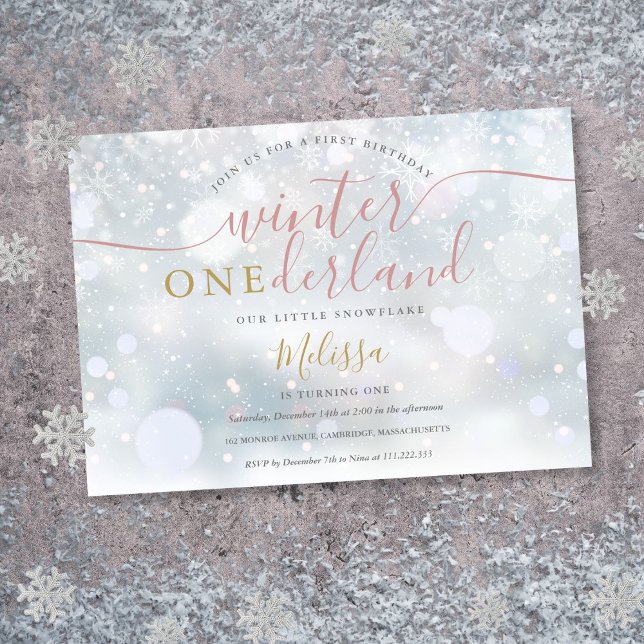 Winter Onederland Rosa och Guld 1:a födelsedagen Inbjudningar (Winter Onederland Pink And Gold 1st Birthday Invitation)