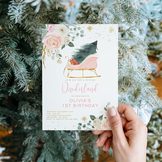 Winter Onederland Rosa och Guld Sleigh Birthday Inbjudningar (Skapare uppladdad)