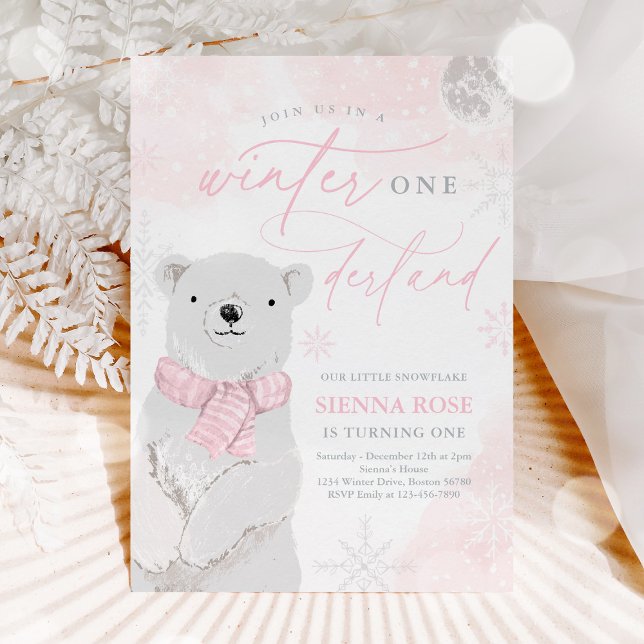 Winter Onederland Rosa Polar Bear Birthday Inbjudningar (Skapare uppladdad)