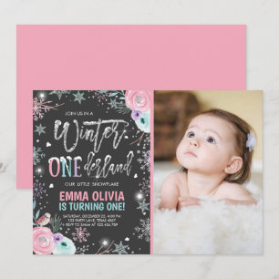 Winter ONEderland Rosa Silver 1:a födelsedag Inbjudningar