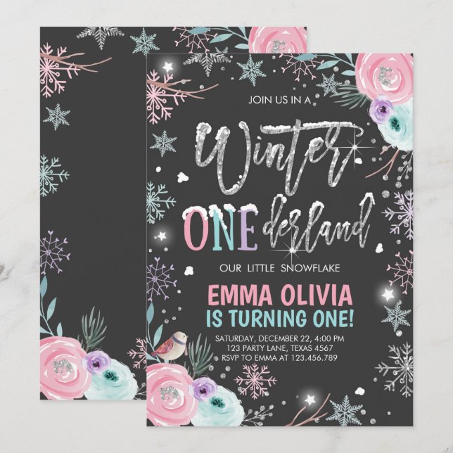 Winter ONEderland Rosa Silver Black Första födelse Inbjudningar (Fram/baksida)