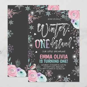 Winter ONEderland Rosa Silver Black Första födelse Inbjudningar