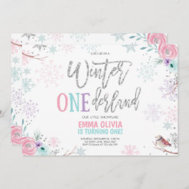 Winter ONEderland Rosa Silver Blommigt 1:a födelse Inbjudningar