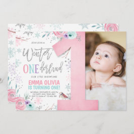 Winter ONEderland Rosa Silver Blommigt 1:a födelse Inbjudningar
