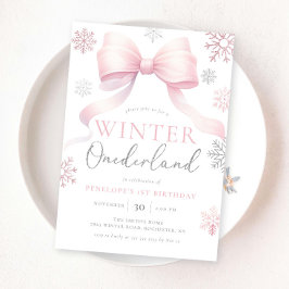 Winter Onederland Rosa Silver Bow 1:a födelsedag Inbjudningar