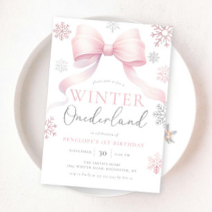 Winter Onederland Rosa Silver Bow 1:a födelsedag Inbjudningar