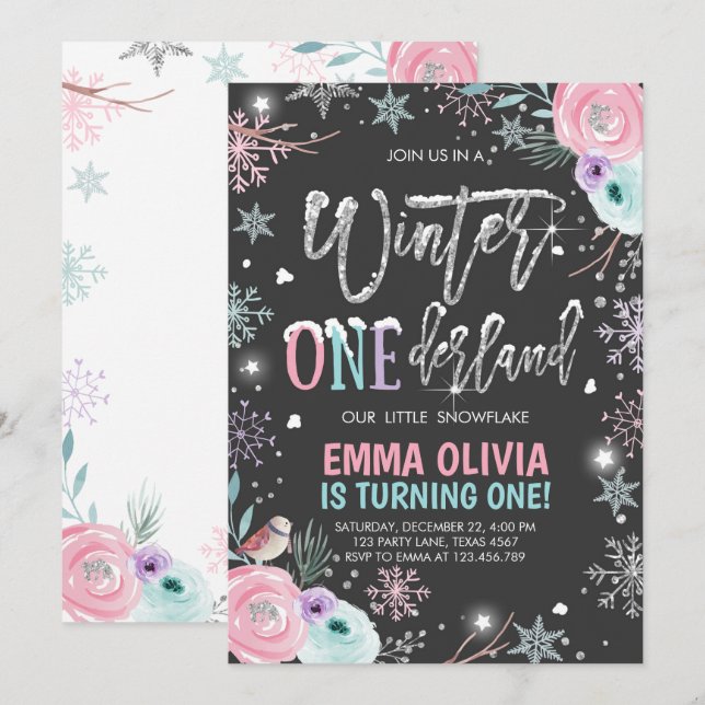 Winter ONEderland Rosa Silver Första födelsedag Inbjudningar (Fram/baksida)