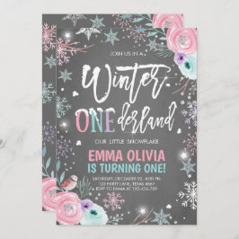 Winter ONEderland Rosa Silver Första födelsedag Inbjudningar
