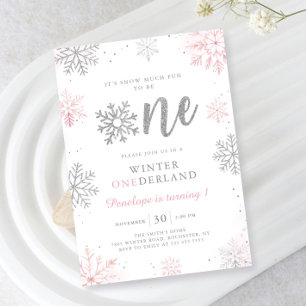 Winter Onederland Rosa Silver Första födelsedag Inbjudningar
