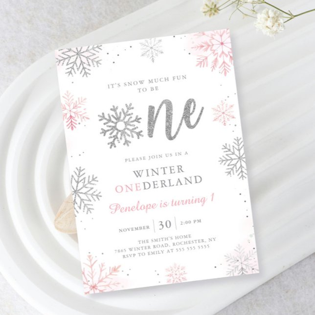 Winter Onederland Rosa Silver Första födelsedag Inbjudningar (Skapare uppladdad)