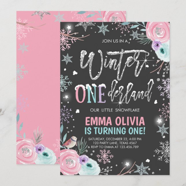 Winter ONEderland Rosa Silver Första födelsedag Inbjudningar (Fram/baksida)
