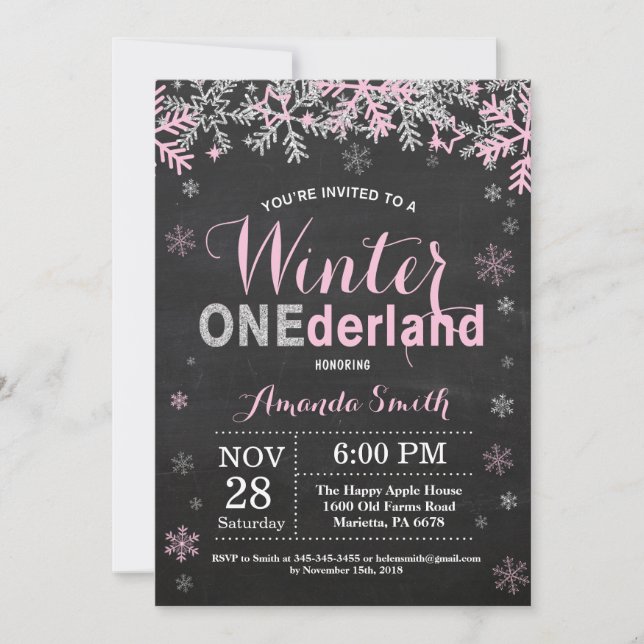 Winter Onederland Rosa Silver Girl 1:a födelsedage Inbjudningar (Framsida)