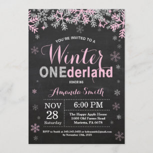 Winter Onederland Rosa Silver Girl 1:a födelsedage Inbjudningar