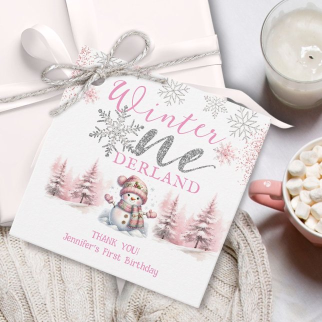 Winter Onederland Rosa Silver Glitter 1:a födelsed Gåvor Etiketter (Skapare uppladdad)