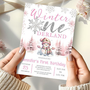 Winter Onederland Rosa Silver Glitter 1:a födelsed Inbjudningar