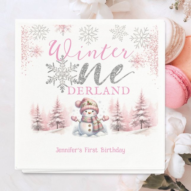 Winter Onederland Rosa Silver Glitter 1:a födelsed Pappersservett (Skapare uppladdad)