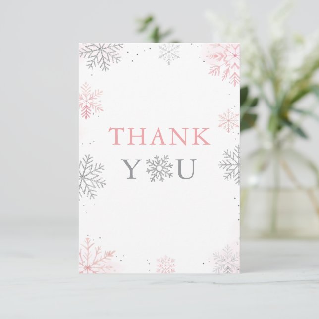 Winter Onederland Rosa Silver Glitter 1:a födelsed Tack Kort (Stående Fram)