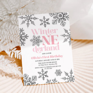 Winter Onederland Rosa Silver Snowflake Birthday Inbjudningar