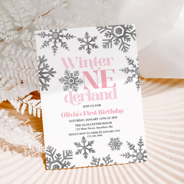 Winter Onederland Rosa Silver Snowflake Birthday Inbjudningar (Skapare uppladdad)
