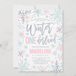 Winter ONEderland Rosa Silver Snowflake Birthday Inbjudningar